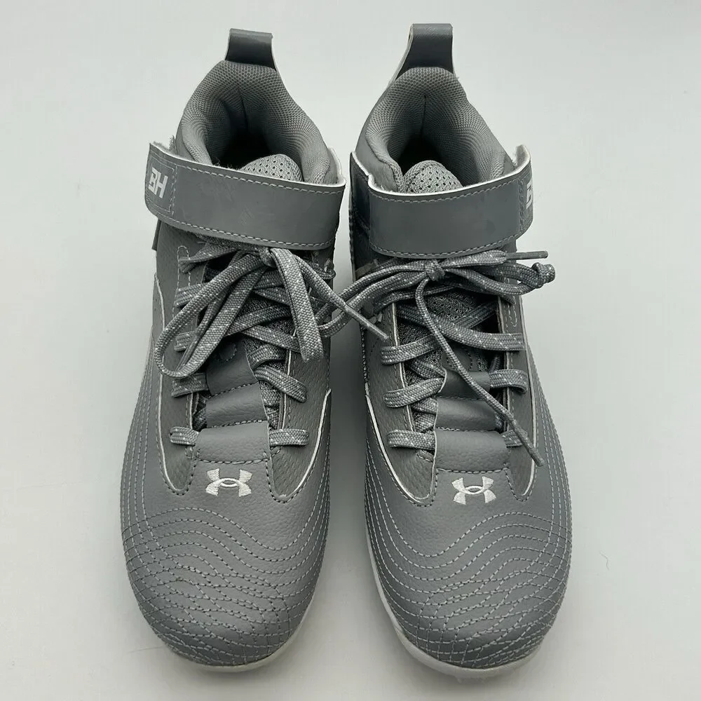 Under Armour Boys Baseball Cleats Gray White Mid Top Size 3.5Y Hook Loop
